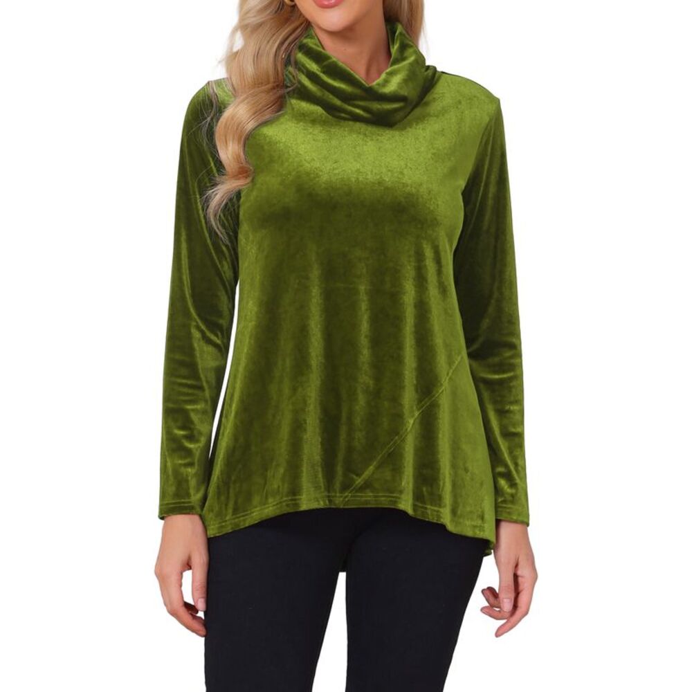 Women's Turtleneck Velvet Top Dressy Casual Velour Tunic Blouse Army Green